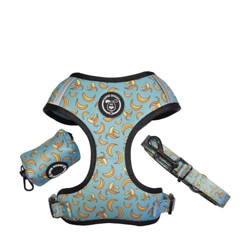 SUPER DOGGY Hundegeschirr gegen Ziehen, Leine und Tasche, atmungsaktives Geschirr für kleine und mittelgroße Hunde, Geschirr und Leine mit Sicherheit und Sichtbarkeit (Blue Bananen, L (11-20 kg) von SUPER DOGGY