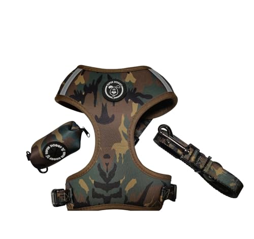 SUPER DOGGY Hundegeschirr gegen Ziehen, Leine und Tasche, atmungsaktives Geschirr für kleine und mittelgroße Hunde, Geschirr und Leine mit Sicherheit und Sichtbarkeit (Camouflage, M (7-11 kg)) von SUPER DOGGY