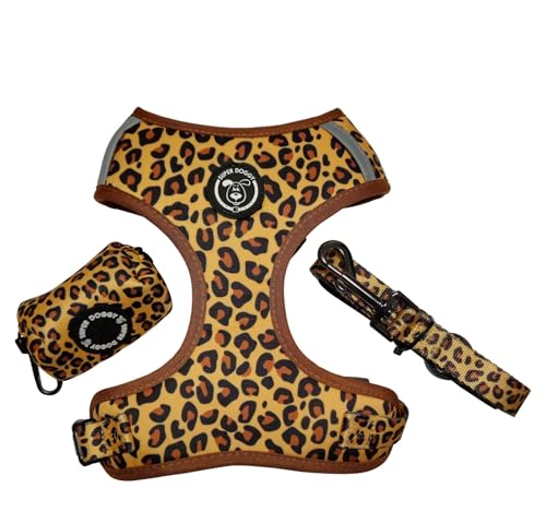 SUPER DOGGY Hundegeschirr gegen Ziehen, Leine und Tasche, atmungsaktives Geschirr für kleine und mittelgroße Hunde, Geschirr und Leine mit Sicherheit und Sichtbarkeit (Leopard, L (11-20 kg) von SUPER DOGGY