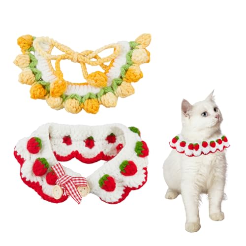 SUPERFINDINGS Gestricktes Katzenhalsband, bequemes Rüschenhalsband für Kätzchen, Rot und Orange, Bandana für Katzen, niedliches Haustier-Lätzchen, Katzen-Halsbekleidung mit Fliege, von SUPERFINDINGS