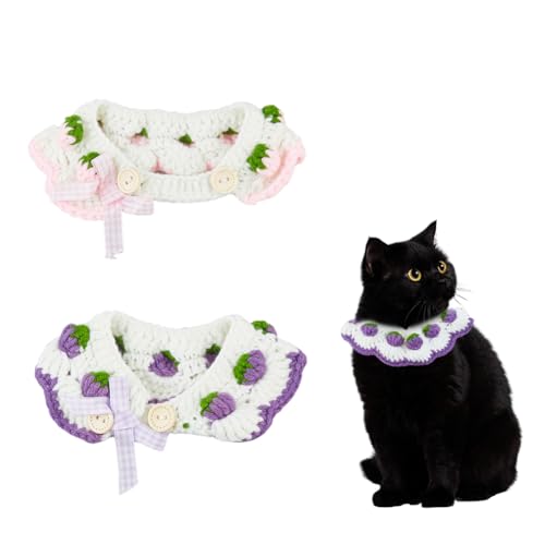 SUPERFINDINGS Gestricktes Katzenhalsband, bequemes Rüschenhalsband für Kätzchen, lila und rosa, Bandana für Katzen, niedliches Haustier-Lätzchen, Katzen-Halsbekleidung mit Fliege, von SUPERFINDINGS