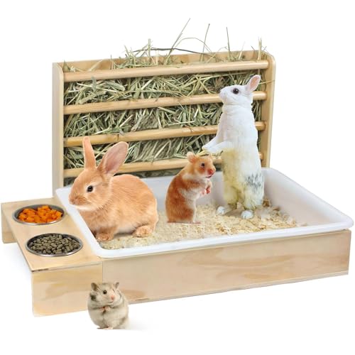 3-in-1 Kaninchen-Heu-Futterstation mit Katzentoilette, Heu-Futterstation aus Holz mit 2 Näpfen und Katzentoilette für Meerschweinchen, Chinchilla, Hase, andere Kleintiere (einfacher Ständer) von SUPERPAWS