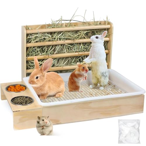 3-in-1 Kaninchen-Heu-Futterstation mit Katzentoilette, Heu-Futterstation aus Holz mit 2 Näpfen und Katzentoilette für Meerschweinchen, Chinchilla, Hase, andere Kleintiere (einfacher Ständer mit von SUPERPAWS