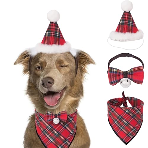 3-teiliges Weihnachts-Hundekostüm, klassisches Büffelkaro, Weihnachts-Hunde-Outfit, Kleidung, Halstuch, Schal, Halstuch, Dreieck-Lätzchen, Zubehör für kleine und mittelgroße Hunde von SUPERPAWS