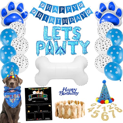 Hunde-Geburtstagsparty-Zubehör, Hunde-Geburtstags-Bandana-Set, Hundegeburtstagsdekoration, Partyhut, Hundegeburtstagsbanner mit Let's Pawty Knochen-Ballons, Pfoten-Ballons (40 Stück) von SUPERPAWS