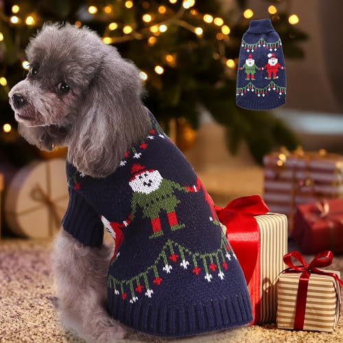 Hundepullover mit Mütze für den Winter, weich, dick, warm, Welpen-Hemd, Weihnachts-Rollkragenpullover für kleine, mittelgroße und große Hunde, Doppelstrickkragen, Welpenkleidung (Weihnachtsmann-Blau, von SUPERPAWS