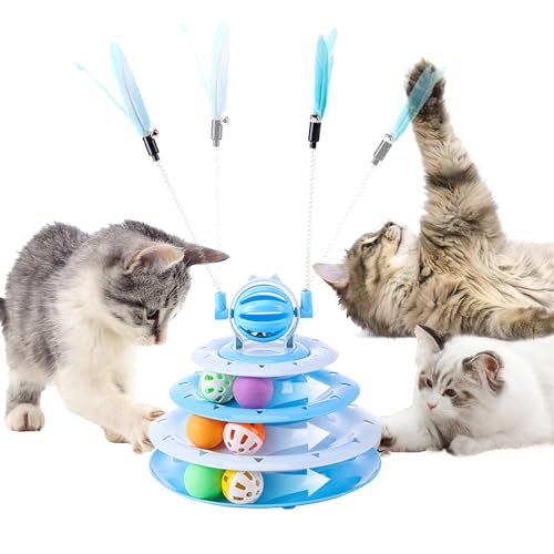 SUPERPAWS 2 in 1 Katze Interaktive Spielzeug Roller 3 Ebenen Drehteller Katzenspielzeug Katze Slow Feeder Futterspender Katze Kätzchen Zauberstab (Blau-C) von SUPERPAWS