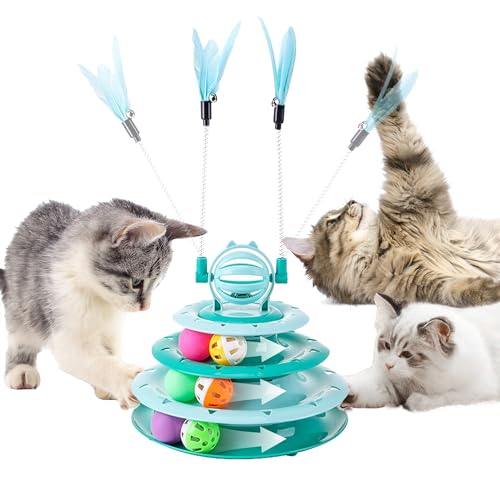 SUPERPAWS 2 in 1 Katze Interaktive Spielzeug Roller 3 Ebenen Drehteller Katzenspielzeug Katze Slow Feeder Futterspender Katze Kätzchen Zauberstab (Grün-C) von SUPERPAWS