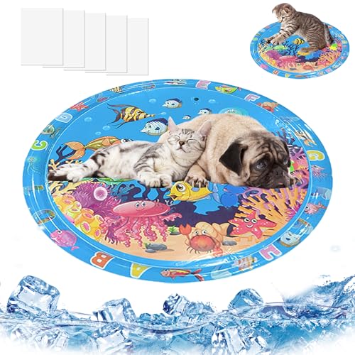 SUPERPAWS Verdickte sensorische Wasser-Spielmatte für Katzen und Hunde, Wassermatte, Kühlmatte für Haustiere, Katzenspielzeug, sensorische Spielmatte mit Fischen für Haustiere, rund (100 cm) von SUPERPAWS