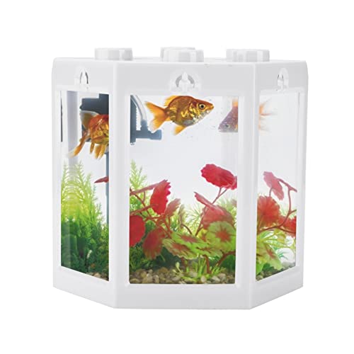 SUPYINI Mini-Aquarium, Klein, Sechseck-Aquarium, Betta-Fisch, Goldfisch-Aquarium, Formaufsetzbares Desktop-Aquarium aus Kunststoff, Tragbares Mini-Aquarium, für Wohnzimmer, Büro, (Weiß) von SUPYINI