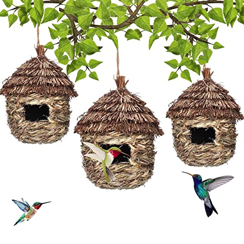 3er-Pack Hängende Kolibri-Häuser für Den Außenbereich, Handgewebte Vogelhäuser aus Gras, Kolibri-Nester, Finken-Vogelhaus für Garten, Terrasse, Rasendekoration(Hellbraun) von SUREH