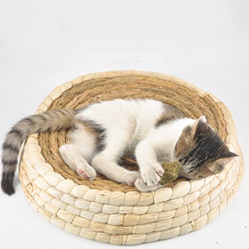 SUREH Stroh-Katzennest, Gewebtes Katzenbett, Rundes Handgewebtes Katzenbett, Katzenkratzbox, Strohweberei, Haustiernest für Katzen, Welpen, Kaninchen, Hühnernest(Bottom Diameter 28cm/11in) von SUREH