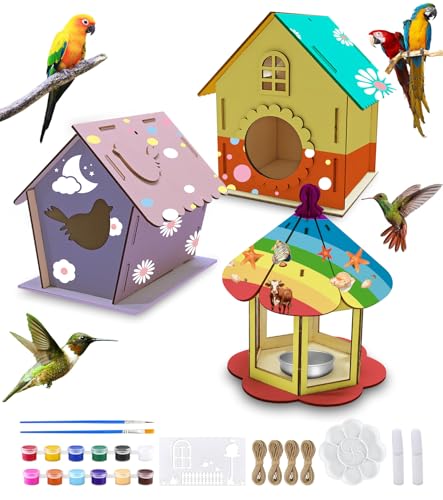 3 Stück Vogelhaus Bausatz Kinder, DIY Holz Vogelfutterhaus Basteln, Vogelhaus zum Selber Bauen und Malen, Vogelkasten Holzbastelsets Geschenke für Mädchen Jungen Kleinkinder ab 6 7 8 9 10 11 von SUVEK