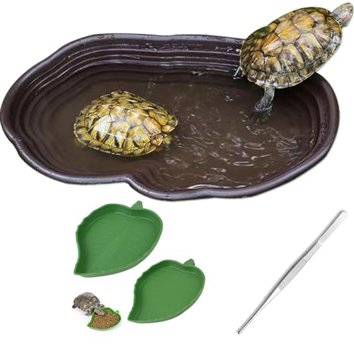 Reptilienbadetreppe mit Stufen - Ideal für Schildkröte, Salamander, Bartagame, Eidechse, Pixie Frosch - Inklusive 2 blattförmigen Futterschalen & Pinzette von SUWEISUA