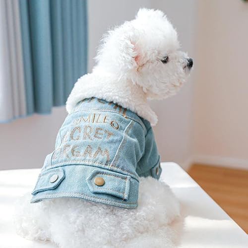 SUYGGCK Hundemantel Modebretter Print Denim Hundejacke Plüsch Verdickter Hundebuchkleidung Geeignet Für Katzen Und Kleine Hunde-Light Blue,XL von SUYGGCK