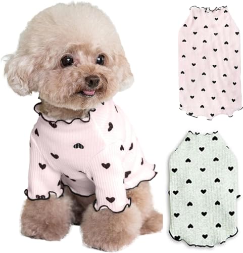 Pet Shirts Herz Druck Bequeme Haustier Kleidung für kleine Hunde Katze Liebe Herz Sweatshirt Weiche Baumwolle T-Shirt Langarm Pet Girl Boy Kleidung Pullover (Weiß+Rosa, L) von SUYUKU