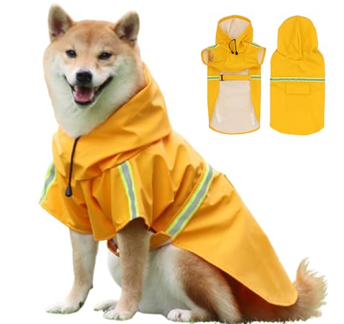 SUYUKU Hunde-Regenmantel, reflektierende Streifen, wasserdicht, leichter Hundeponcho für Spaziergänge mit dem Hund, für kleine, mittelgroße und große Hunde, Hundemäntel, verstellbar (Gelb, S) von SUYUKU