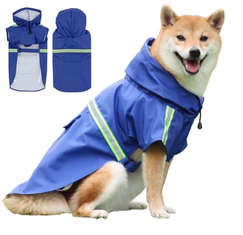 SUYUKU Hunde-Regenmantel, reflektierende Streifen, wasserdicht, leichter Hundeponcho für Spaziergänge mit dem Hund, für kleine, mittelgroße und große Hunde, verstellbar, Blau, Größe L von SUYUKU