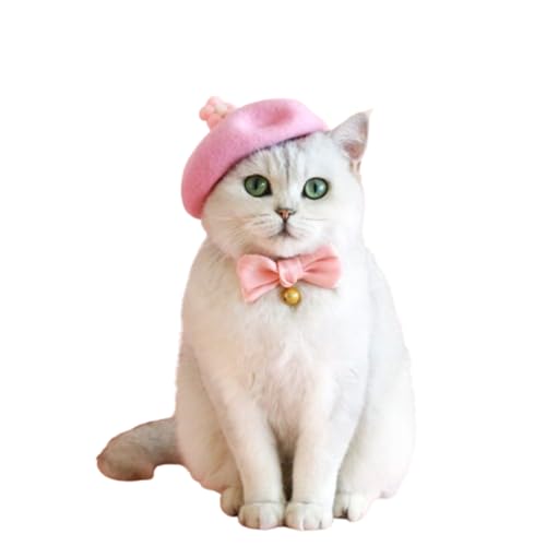 SUYUKU Katze Hut Baskenmütze Katzenbekleidung Mit Katzenhalsband Schleife Kopfbedeckung für Katzen Welpen Haustier Kostüm für Katzen (Rosa) von SUYUKU