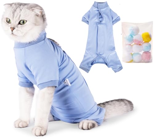 SUYUKU Katzen Genesungsanzug Anti Leck Kätzchen Body für Alternative elisabethanische Kragen Katzen Einteiler Operationsbody Warm Pyjama Kleidung Weicher Bequemer Pullover (blau, L) von SUYUKU