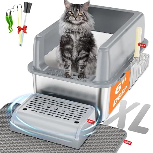 Katzentoilette aus Edelstahl, 9-in-1-Starter-Set, geruchlos, extra große Metall-Katzentoilette, hohe Seiten, Katzentoilette mit Deckel, XL geschlossene Katzentoilette für große Katzen, von SVKLHY