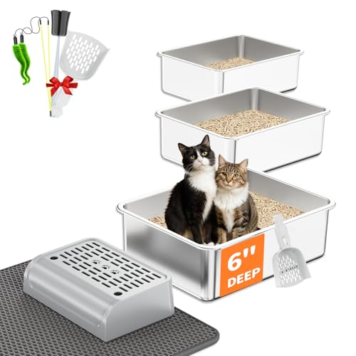 Katzentoilette aus Edelstahl – [All-in-1-Starterset] [geruchlos] Metall-Katzentoilette (3 Stück, groß) von SVKLHY