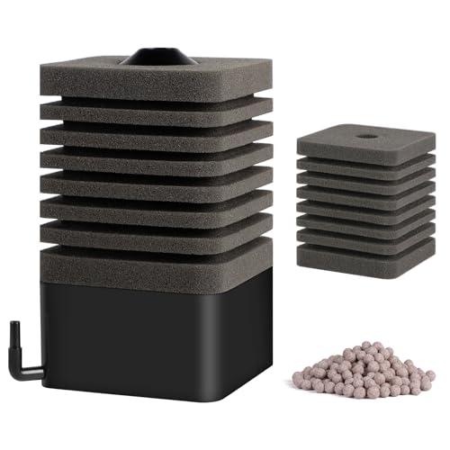 SWAWIS 9x9x16cm Aquarium Schwammfilter, Aquarium Innenfilter für 30-250L mit 1 Ersatzschwamm und Filterkugel, Luftheber Filter Aquarium für Biologische und Mechanische Filterung von SWAWIS