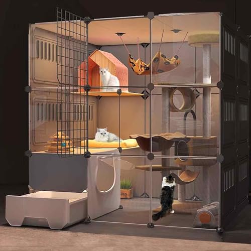 Katzengehege Indoor XXL, Katzenkäfig, mit Geschlossener Katzentoilette, PVC-transparentes Design, Boden Ist Verstärkt und Tragfähig, Leicht zu Reinigen von SWHSWQ