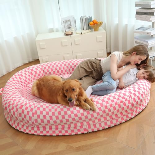 SWITTE Hundebett für Erwachsene, 180,3 x 119,4 x 33 cm, waschbar, großes Hundebett in menschlicher Größe, abnehmbares riesiges Hundebett für erwachsene Haustiere, kariert, Rosa von SWITTE