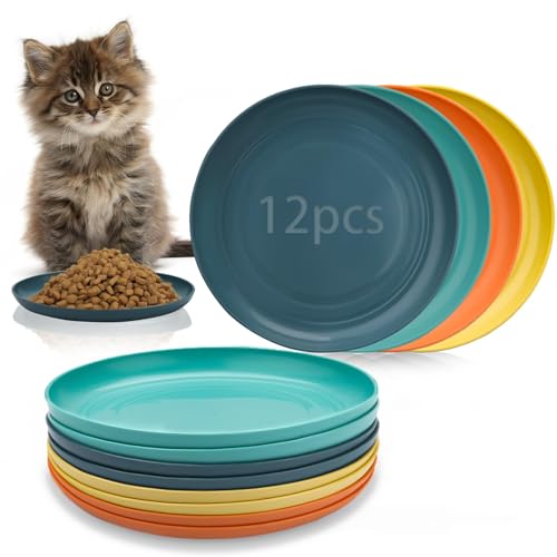 SWTYExt 12 Stück Katzennapf Fressnapf Katze Katzennapf Flach 15cm Katzenschüssel Bunt Futternapf Katze Runde Katzenteller für Nassfutter Trockenfutter Wasser Kätzchen und kurzbeinige Katzen von SWTYExt