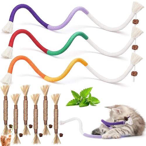 SXFENG 9 Stück Katzenminze Sticks, 6 Matatabi katzenminze Spielzeug, 3 Stück Katzenminze Spielzeug Beißseil 70 cm, Interaktives Katzenspielzeug, Katzen Zahnpflege und Gegen Mundgeruch von SXFENG