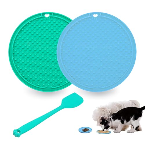 2 Stück Leckmatte Hund, Schleckmatte Hunde mit Saugnapf Slow Feeder mit Silikonspatel Rund Hund Lecken Pad, BPA-Frei (Blau + Grün) von SXTDKMJ