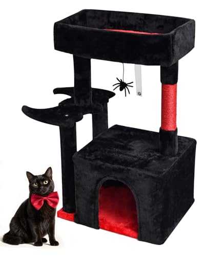 SYANDLVY Gothic Katzenbaum mit Sargbett für Indoor-Katzen, Aktivitätsturm mit Kratzbaum, modernes Haus für große Katzen, Katzenhaus-Möbel mit Korb & hängender Spinne für Spielruhe, Schwarz & Rot von SYANDLVY