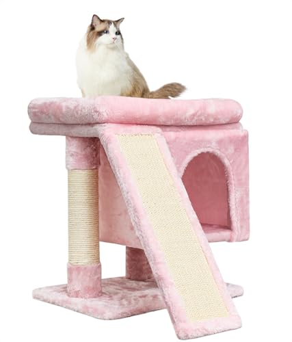 SYANDLVY Kleiner rosa Katzenbaum mit Sitzstange für Indoor-Katzen, Katzenturm mit Kratzbaum, modernes Aktivitätshaus für große Katzen, Condo mit Brett, Kätzchenhöhle von SYANDLVY