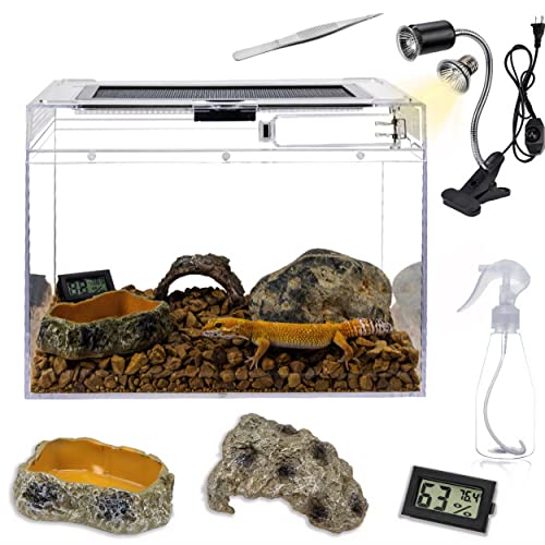 Transparentes Acryl-Terrarium, Futterbox, Eidechsen-Tank mit Zubehör, Sprühdose, Pinzette, Schüssel, Hygrometer, Versteckhöhle, für Insekten, Schildkröte, Fisch-Tarantula-Gehäuse (30.5x17.8x22.9 cm) von SYAZOMQUS