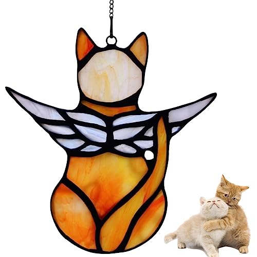 SYCOOVEN Engel Katze Gedenkgeschenke Ornamente für Katzenliebhaber, Buntglasfenster hängende Dekorationen, Engelsflügel Katze Sonnenfänger Dekor, Haustier Gedenkbeileid Geschenke Dekoration (Orange) von SYCOOVEN