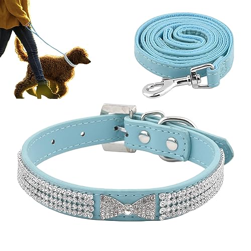 SYCOOVEN Strass-Hundehalsband mit Leine, glitzerndes Hundehalsband und Leine, Set mit Strasssteinen für Hund, funkelndes Diamant, verstellbares Hundehalsband für Welpen (M, Blau) von SYCOOVEN