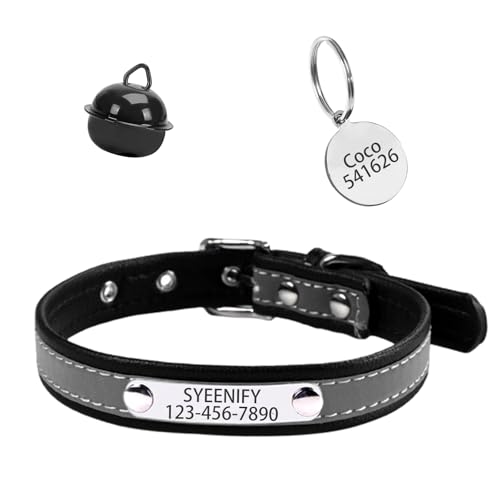 Reflektierendes Katzenhalsband mit Namensschild und plattiert, personalisierbar, mit Namen und Telefon, Kätzchenhalsband mit Sicherheitsschnalle, verstellbar für Katzen und Kätzchen, Schwarz von SYEENIFY