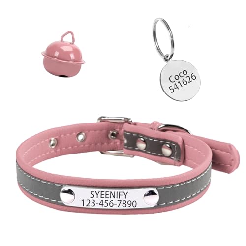 Reflektierendes Katzenhalsband mit Namensschild und plattiert, personalisierbar, mit Namen und Telefon, Kätzchenhalsband mit Sicherheitsschnalle, verstellbar für Katzen und Kätzchen (Rosa) von SYEENIFY