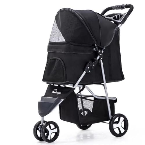 Hunde Kinderwagen Leichter Faltbarer Haustier-Kinderwagen for Katzen und Hunde, dreirädriger Haustier-Kinderwagen, Hunde-Kinderwagen-Zubehör Katzen Kinderwagen(Black) von SYLGXH