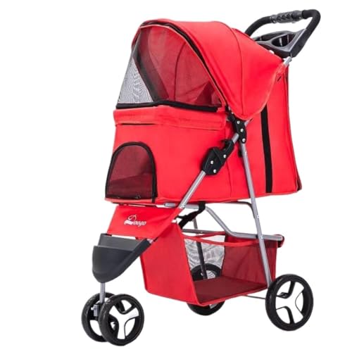 Hunde Kinderwagen Leichter Faltbarer Haustier-Kinderwagen for Katzen und Hunde, dreirädriger Haustier-Kinderwagen, Hunde-Kinderwagen-Zubehör Katzen Kinderwagen(Red) von SYLGXH