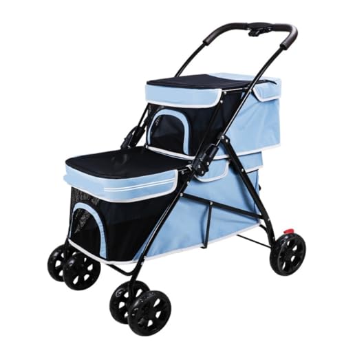 Hunde Kinderwagen Leichter Zusammenklappbarer Haustier-Kinderwagen, Hunde- Und Katzentasche, Doppellagiger Out-and-Out-Kinderwagen, Praktischer Haustier-Kinderwagen Katzen Kinderwagen(Blue) von SYLGXH