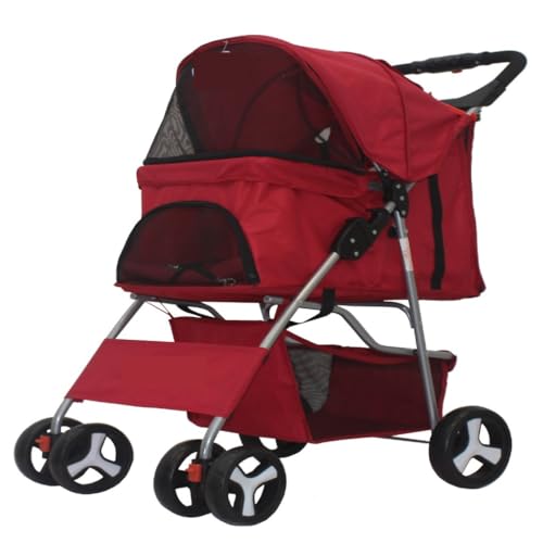 SYLGXH Hunde Kinderwagen Leichter Zusammenklappbarer Haustier-Kinderwagen for Welpen, Katzen, Hunde, Vierrad-Haustier-Kinderwagen, Hunde-Kinderwagen, Haustierwagen Katzen Kinderwagen(Red) von SYLGXH