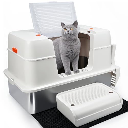 SZEETECH XL Geschlossene Katzentoilette aus Edelstahl, geruchsresistent, leicht zu reinigen, hohe Seite gegen Auslaufen, Katzentoilette aus Edelstahl mit Deckel, mit Schaufel, Stufe und Matte - Beige von SZEETECH