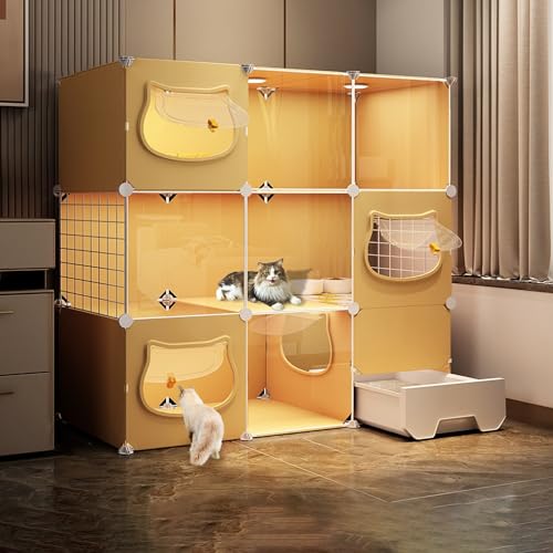 Katzenkäfige für drinnen, Kleintier-Laufstall, mit unabhängiger ausziehbarer Katzentoilette und Katzentür, Sie können frei kommen und gehen, EIN großer Spielplatz für Katzen (Farbe: Gelb, Gr von SZITW