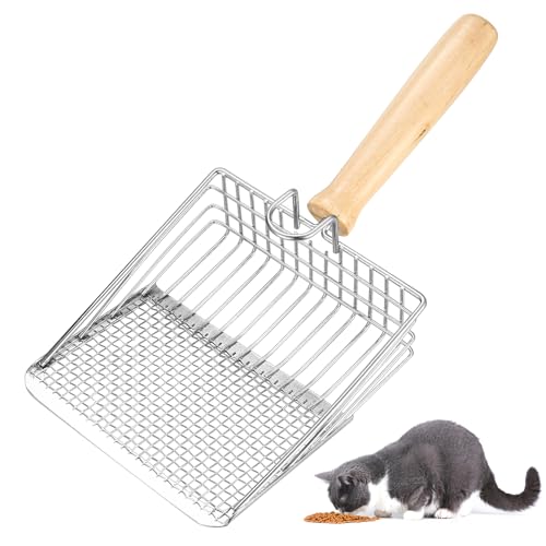 Katzenstreu Schaufel, Katzenstreuschaufel für Katzenklo Schaufel Metall mit Holzgriff, Katzenschaufel für Katzenstreu Klumpstreu, Cat Litter Scoop, Lochabstand 7mm, Länge 27cm von SZSIQI