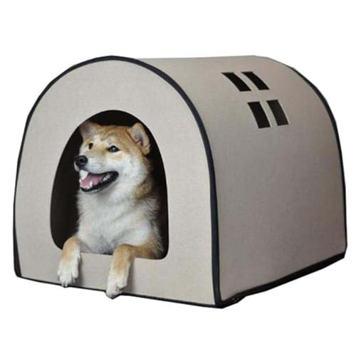 2-in-1-Filz-Hundehütte, große Hunde- und Katzenhöhle für drinnen und draußen, gemütliches Hundebett mit orthopädischem Kissen, Anti-Angst-Schlaf, kuscheliges Haustierbett (Beige, M: 70 x 60 x 60 cm) von SZSXYBZ