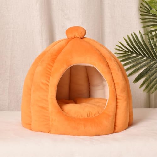 Dancmiu Warmes Haustierbett, für Welpen, Kätzchen, Schlafhöhle, Bett, tragbar, rutschfest, Schlafnest für Hunde und Katzen, weiches, flauschiges Kuschelkissen mit abnehmbarer Matte, Orange, 56 x 56 x von SZSXYBZ