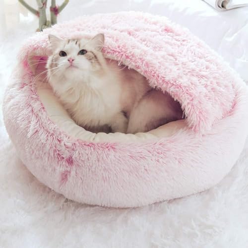 SZSXYBZ Haustierzelt, Höhlenbett für Katzen, Welpen, flauschiges, warmes Katzenschlafkissen, Katzenbett mit Kapuze, rutschfest, maschinenwaschbar, L-65 cm (A-Pink, L-65 cm) von SZSXYBZ