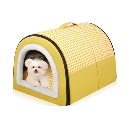 SZSXYBZ Hundehütte, 2-in-1, geschlossene, warme, schlafende Katzenhöhle, Hundenest mit abnehmbarem Kissen, faltbar, warmes Hundehaus für kleine, mittelgroße und große Hunde (Gelb, 35 x 27 x 25 cm) von SZSXYBZ